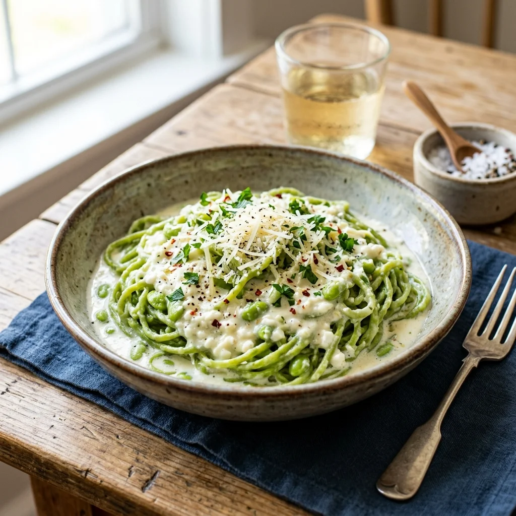 30 High-Protein Vegetarian Recipes Packed with 25g+ Protein 3 Creamy Cottage Cheese Garlic Alfredo with Edamame Pasta - high protein vegetarian recipes (AI Generated Image)