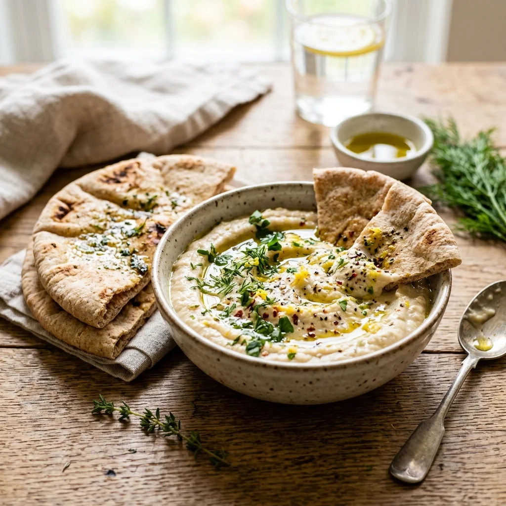30 High-Protein Vegetarian Recipes Packed with 25g+ Protein 22 Creamy Lemon Herb White Bean Dip with Warm Pita - high protein vegetarian recipes (AI Generated Image)