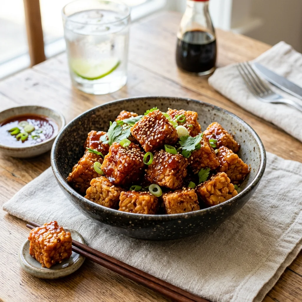 30 High-Protein Vegetarian Recipes Packed with 25g+ Protein 23 Korean Sweet & Spicy Air-Fried Tempeh Bites - high protein vegetarian recipes (AI Generated Image)