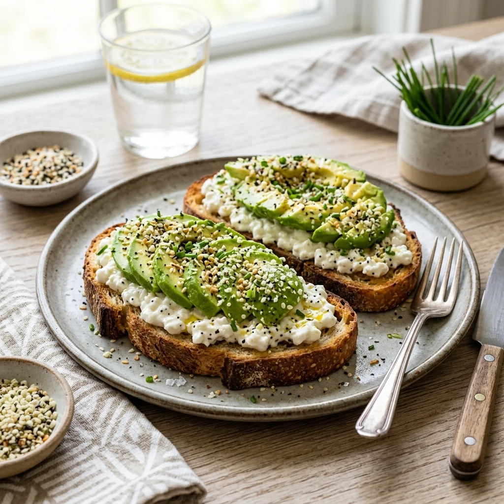30 High-Protein Vegetarian Recipes Packed with 25g+ Protein 24 Everything Bagel Cottage Cheese & Avocado Toast with Hemp Hearts - high protein vegetarian recipes (AI Generated Image)