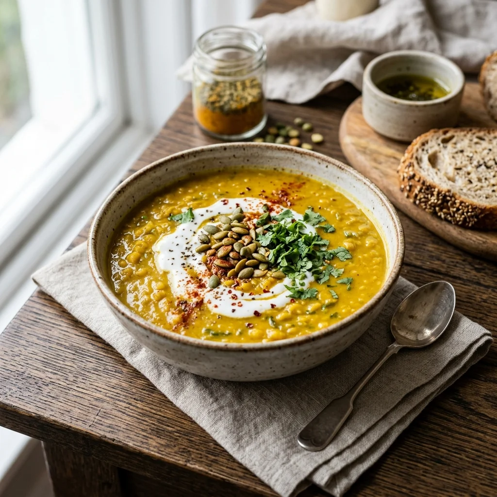 30 High-Protein Vegetarian Recipes Packed with 25g+ Protein 25 Creamy Golden Turmeric & Yellow Split Pea Soup - high protein vegetarian recipes (AI Generated Image)