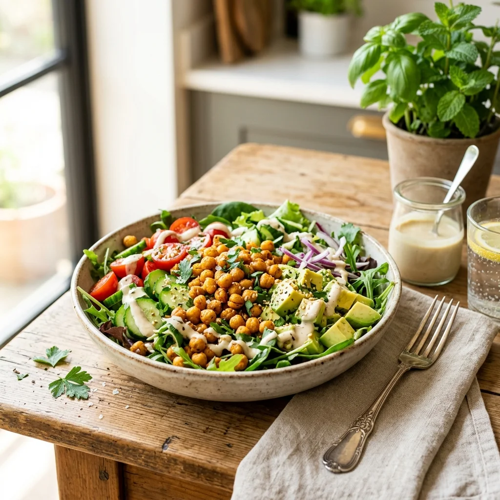 30 High-Protein Vegetarian Recipes Packed with 25g+ Protein 26 Crispy Chickpea & Avocado Salad with Tahini Dressing - high protein vegetarian recipes (AI Generated Image)