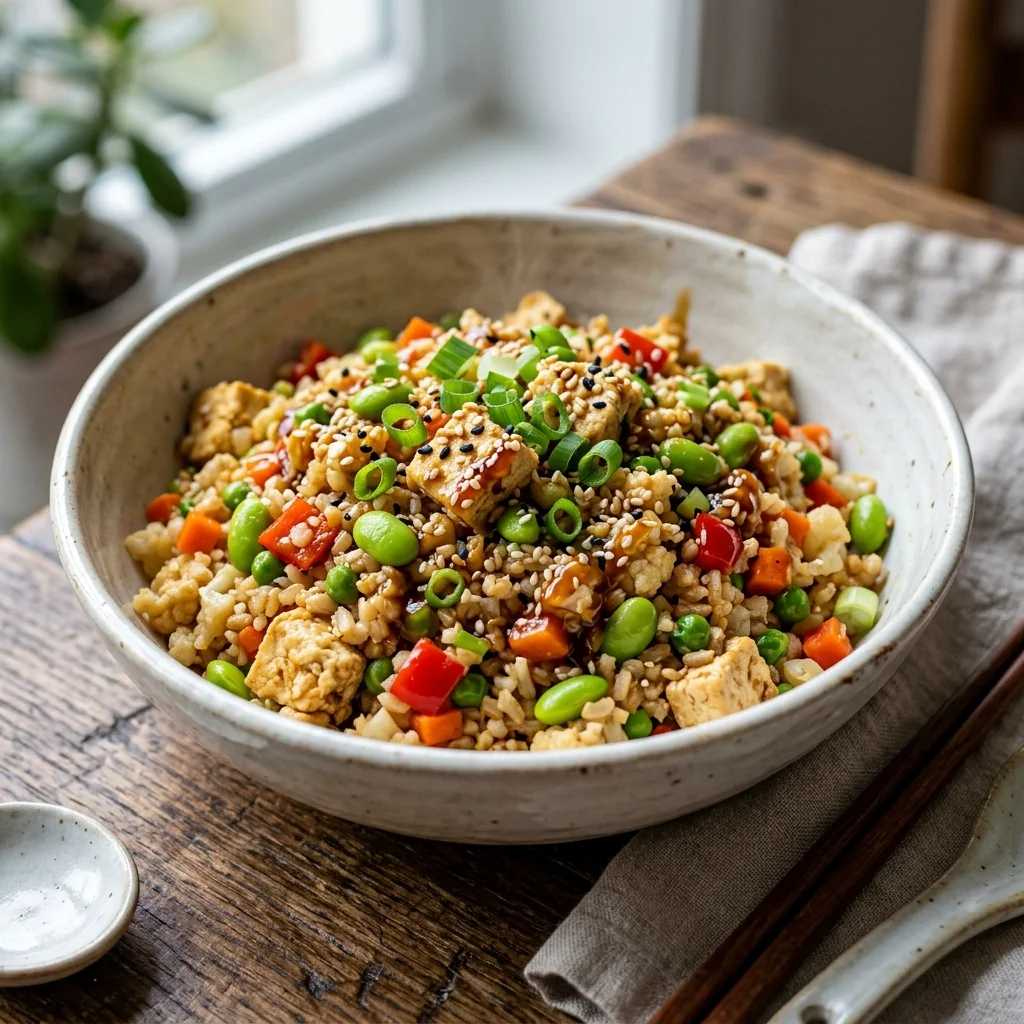 30 High-Protein Vegetarian Recipes Packed with 25g+ Protein 30 Teriyaki Edamame & Cauliflower Fried Rice with Scrambled Tofu - high protein vegetarian recipes (AI Generated Image)