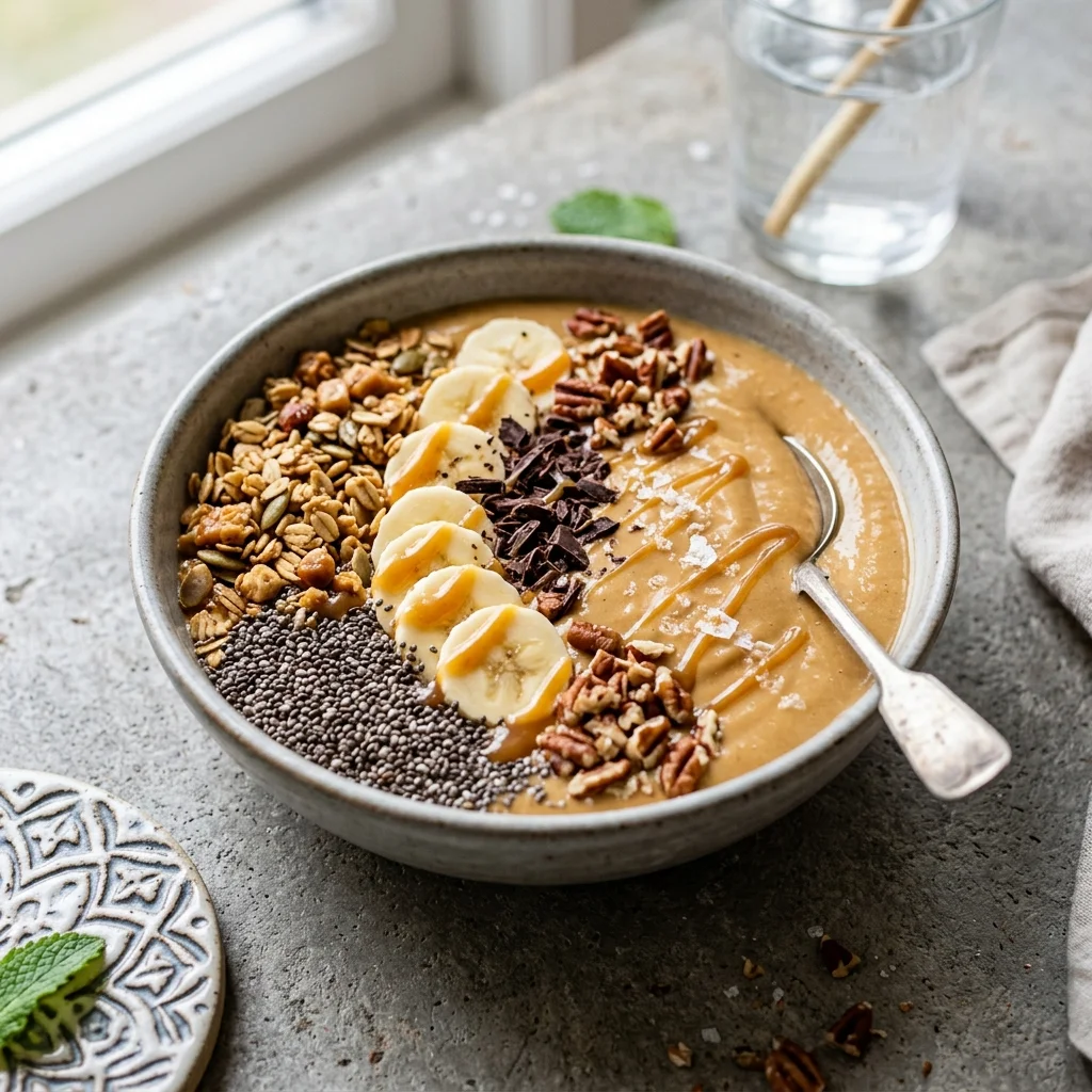 30 High-Protein Vegetarian Recipes Packed with 25g+ Protein 31 Salted Caramel Pea Protein Smoothie Bowl with Chia Seeds - high protein vegetarian recipes (AI Generated Image)