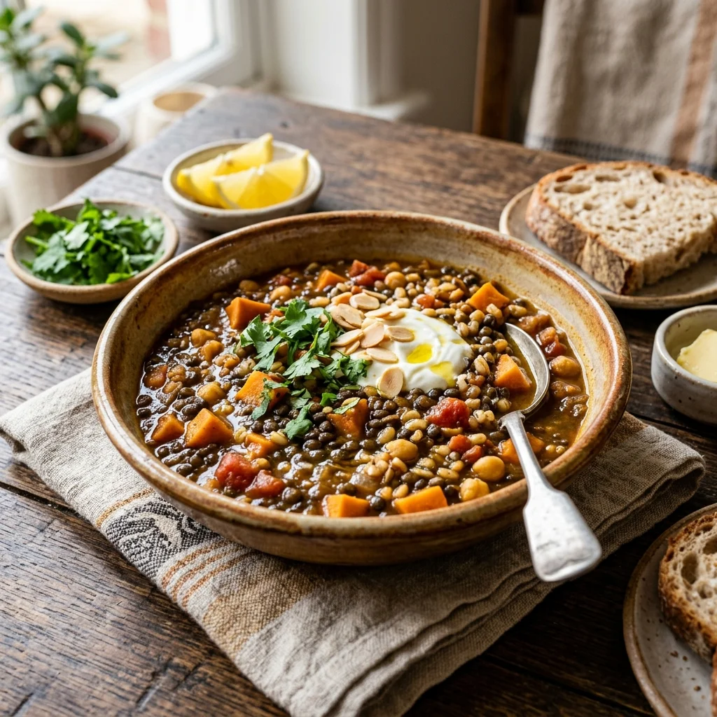 30 High-Protein Vegetarian Recipes Packed with 25g+ Protein 5 Moroccan Beluga Lentil & Sweet Potato Grain Stew - high protein vegetarian recipes (AI Generated Image)