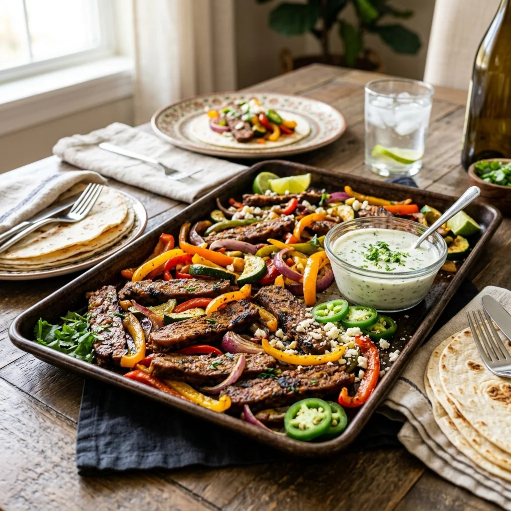 30 High-Protein Vegetarian Recipes Packed with 25g+ Protein 6 Sheet-Pan Seitan Steak Fajitas with Cilantro Lime Cream - high protein vegetarian recipes (AI Generated Image)