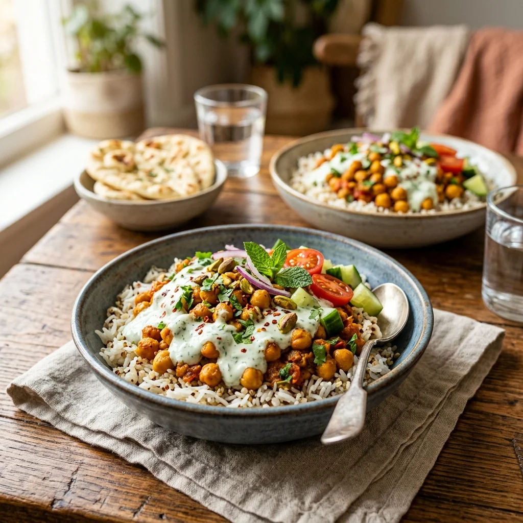 30 High-Protein Vegetarian Recipes Packed with 25g+ Protein 7 Creamy Greek Yogurt Tandoori Chickpea Bowls - high protein vegetarian recipes (AI Generated Image)