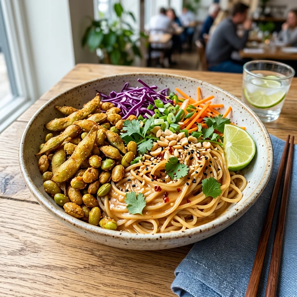 30 High-Protein Vegetarian Recipes Packed with 25g+ Protein 8 Golden Crispy Air-Fryer Edamame & Peanut Noodle Bowl - high protein vegetarian recipes (AI Generated Image)