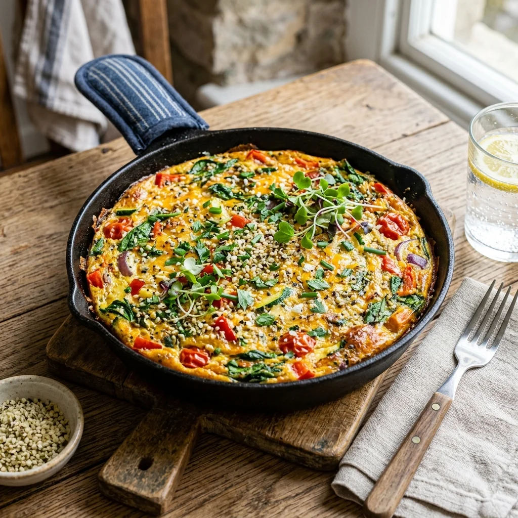 30 High-Protein Vegetarian Recipes Packed with 25g+ Protein 10 Savory Besan & Hemp Seed Vegetable Frittata (Egg-Free) - high protein vegetarian recipes (AI Generated Image)
