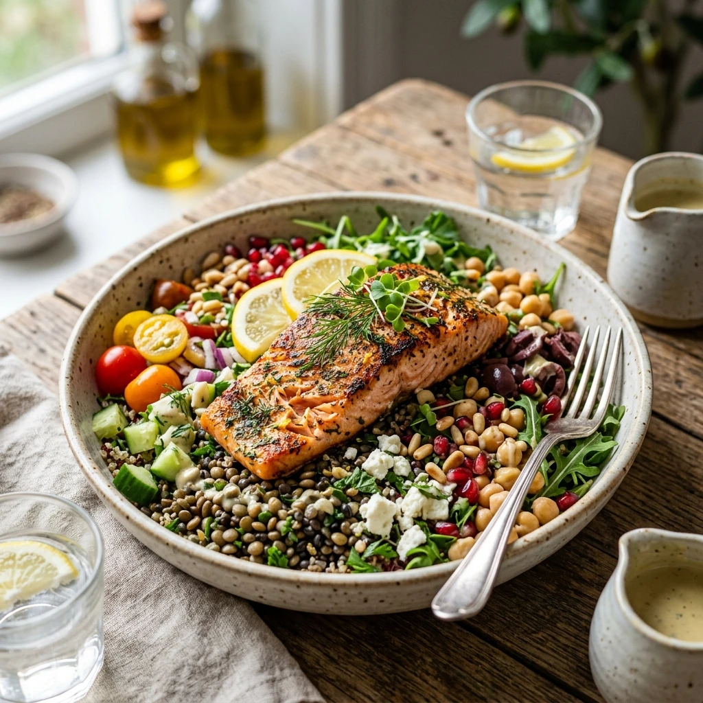 20 Satiating High-Protein High-Fiber Meals for Sustained Energy 2 Mediterranean Lentil & Wild Salmon Salad Bowl - high protein high fiber meals (AI Generated Image)