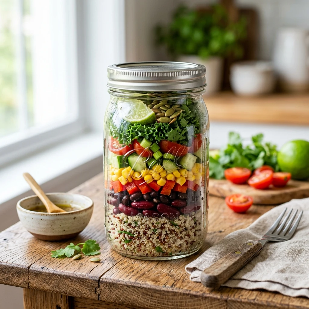 20 Satiating High-Protein High-Fiber Meals for Sustained Energy 11 Layered Mason Jar Quinoa & Bean Salad - high protein high fiber meals (AI Generated Image)