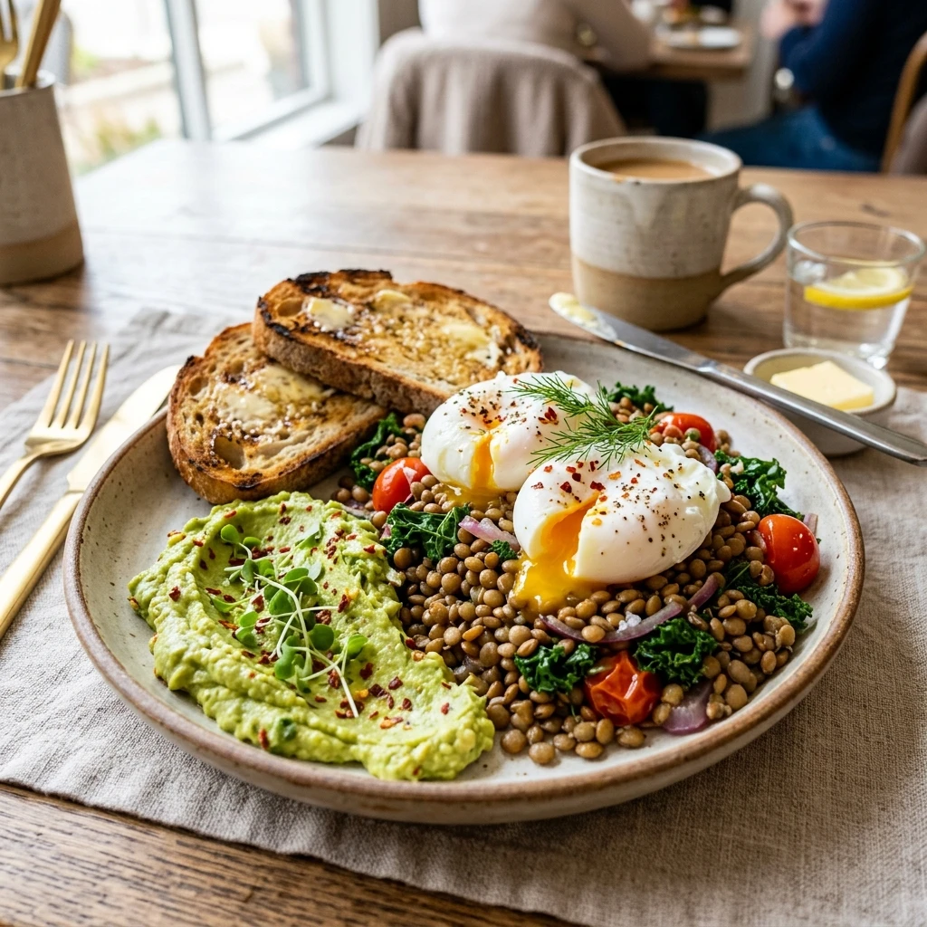 20 Satiating High-Protein High-Fiber Meals for Sustained Energy 12 Sprouted Lentil & Avocado Egg Breakfast Plate - high protein high fiber meals (AI Generated Image)