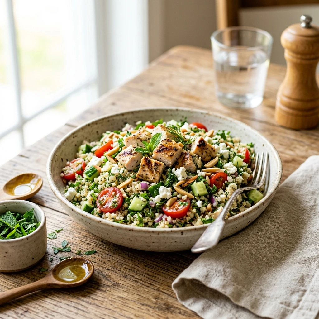 20 Satiating High-Protein High-Fiber Meals for Sustained Energy 13 Fresh Chopped Chicken & Herb Quinoa Salad - high protein high fiber meals (AI Generated Image)