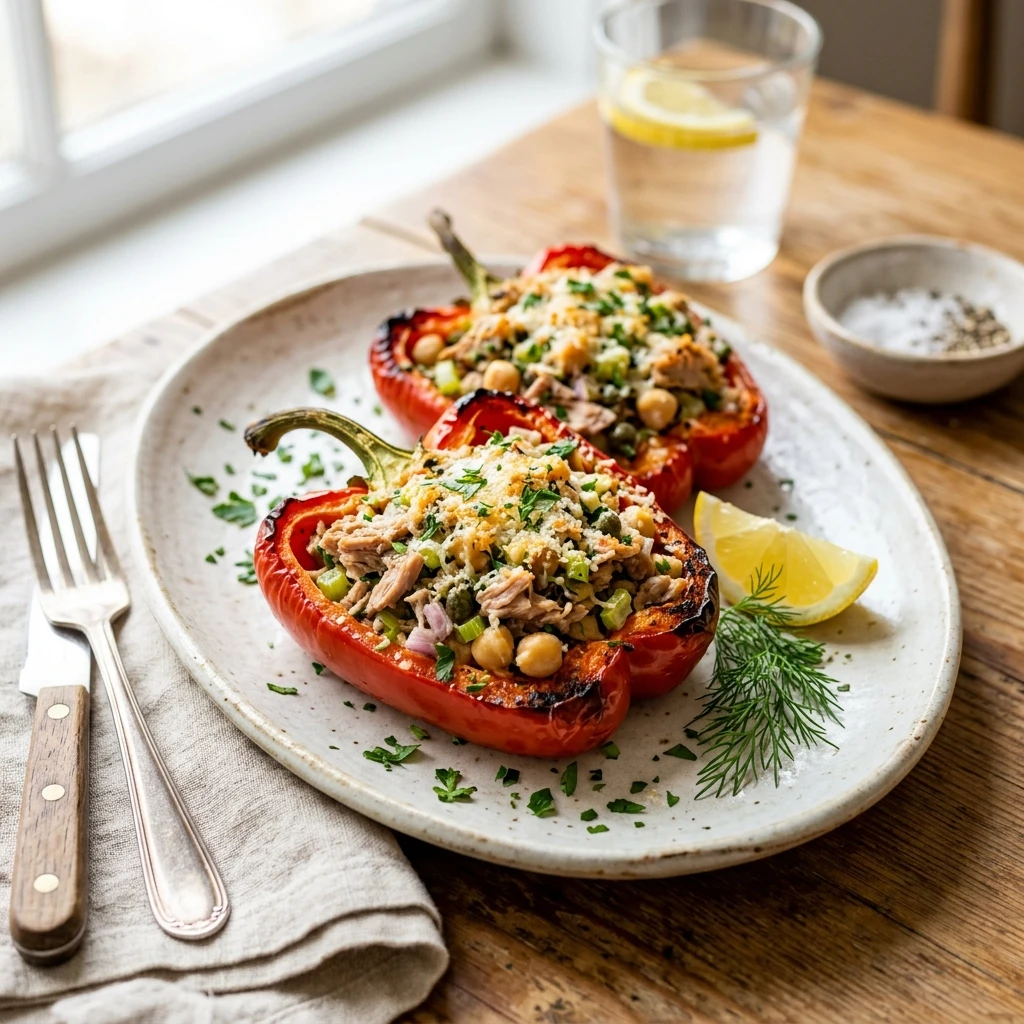 20 Satiating High-Protein High-Fiber Meals for Sustained Energy 16 Real-Food Tuna & Chickpea Stuffed Bell Peppers - high protein high fiber meals (AI Generated Image)