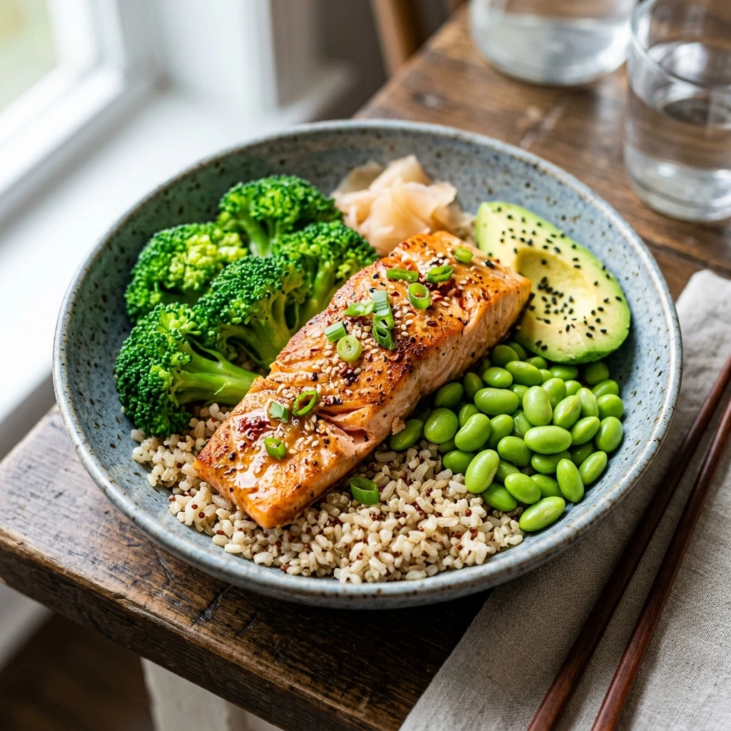 20 Satiating High-Protein High-Fiber Meals for Sustained Energy 17 Lightly Steamed Broccoli & Edamame Salmon Bowl - high protein high fiber meals (AI Generated Image)