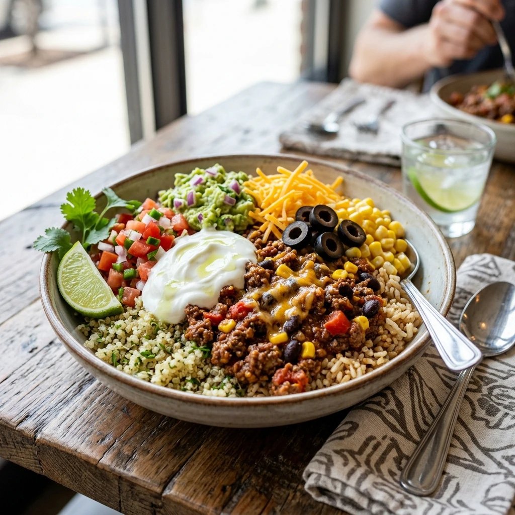 20 Satiating High-Protein High-Fiber Meals for Sustained Energy 18 Fiesta Black Bean & Ground Beef Protein Bowl - high protein high fiber meals (AI Generated Image)