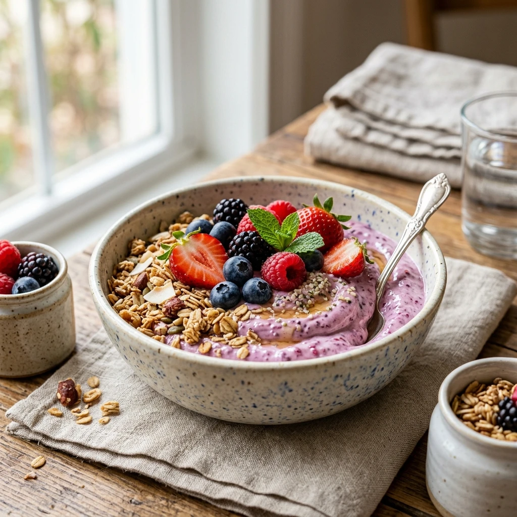 20 Satiating High-Protein High-Fiber Meals for Sustained Energy 19 High-Protein Greek Yogurt & Berry Chia Whip - high protein high fiber meals (AI Generated Image)