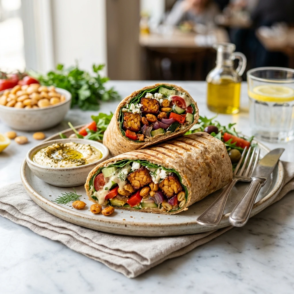 20 Satiating High-Protein High-Fiber Meals for Sustained Energy 20 Roasted Lupin & Tempeh Mediterranean Wrap - high protein high fiber meals (AI Generated Image)