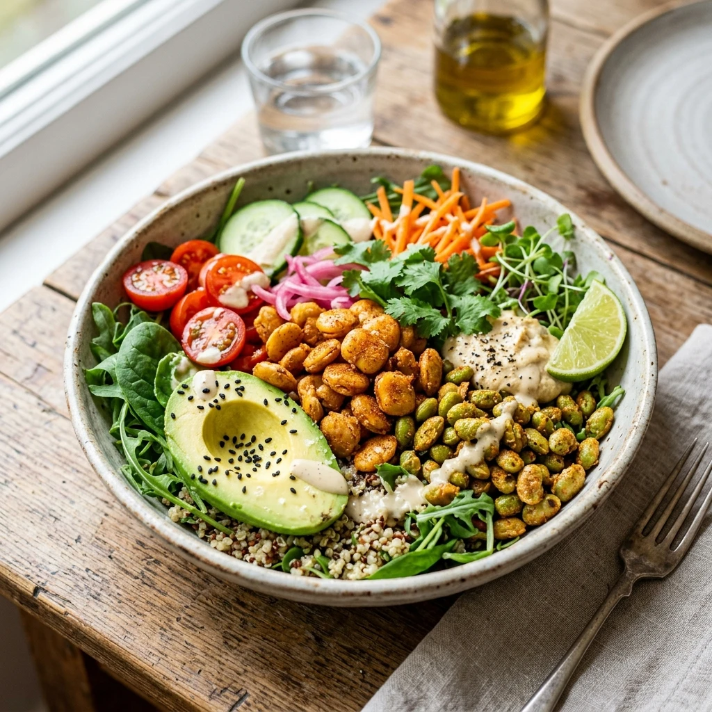 20 Satiating High-Protein High-Fiber Meals for Sustained Energy 3 Crispy Air-Fried Lupin & Edamame Power Bowl - high protein high fiber meals (AI Generated Image)