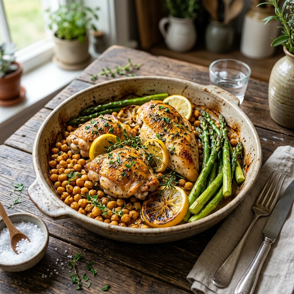 20 Satiating High-Protein High-Fiber Meals for Sustained Energy 21 One-Pan Lemon Herb Chicken with Roasted Chickpeas & Asparagus - high protein high fiber meals (AI Generated Image)