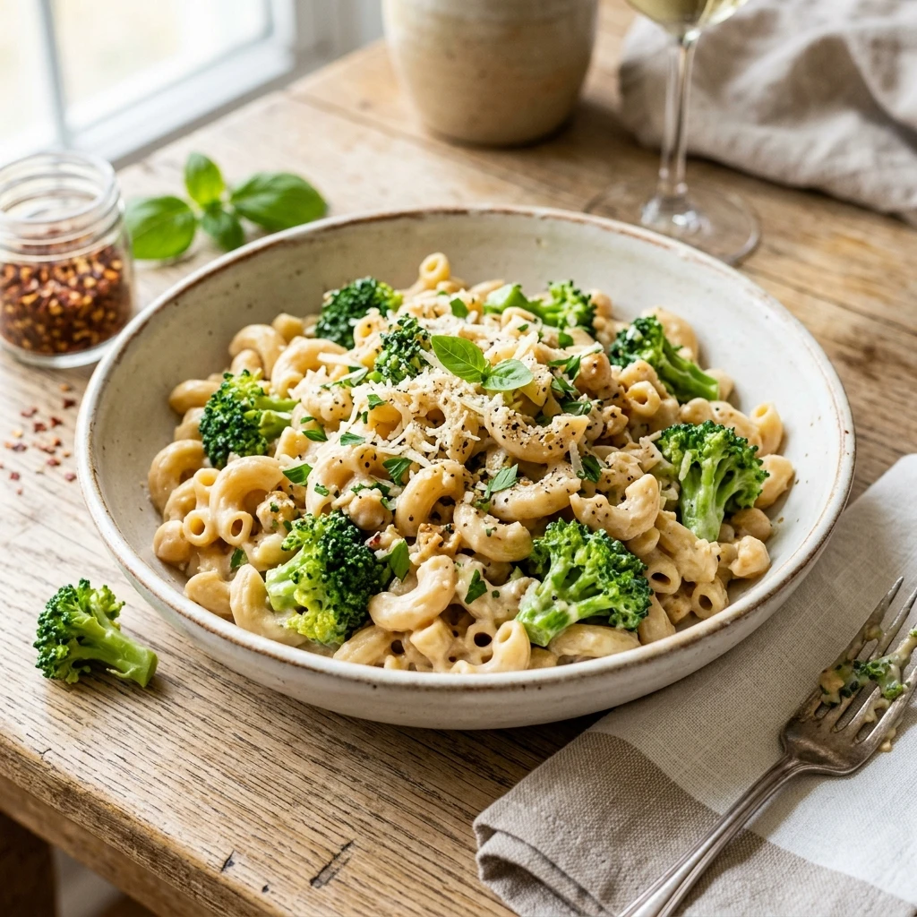 20 Satiating High-Protein High-Fiber Meals for Sustained Energy 4 High-Protein Creamy Chickpea Pasta Alfredo with Broccoli - high protein high fiber meals (AI Generated Image)