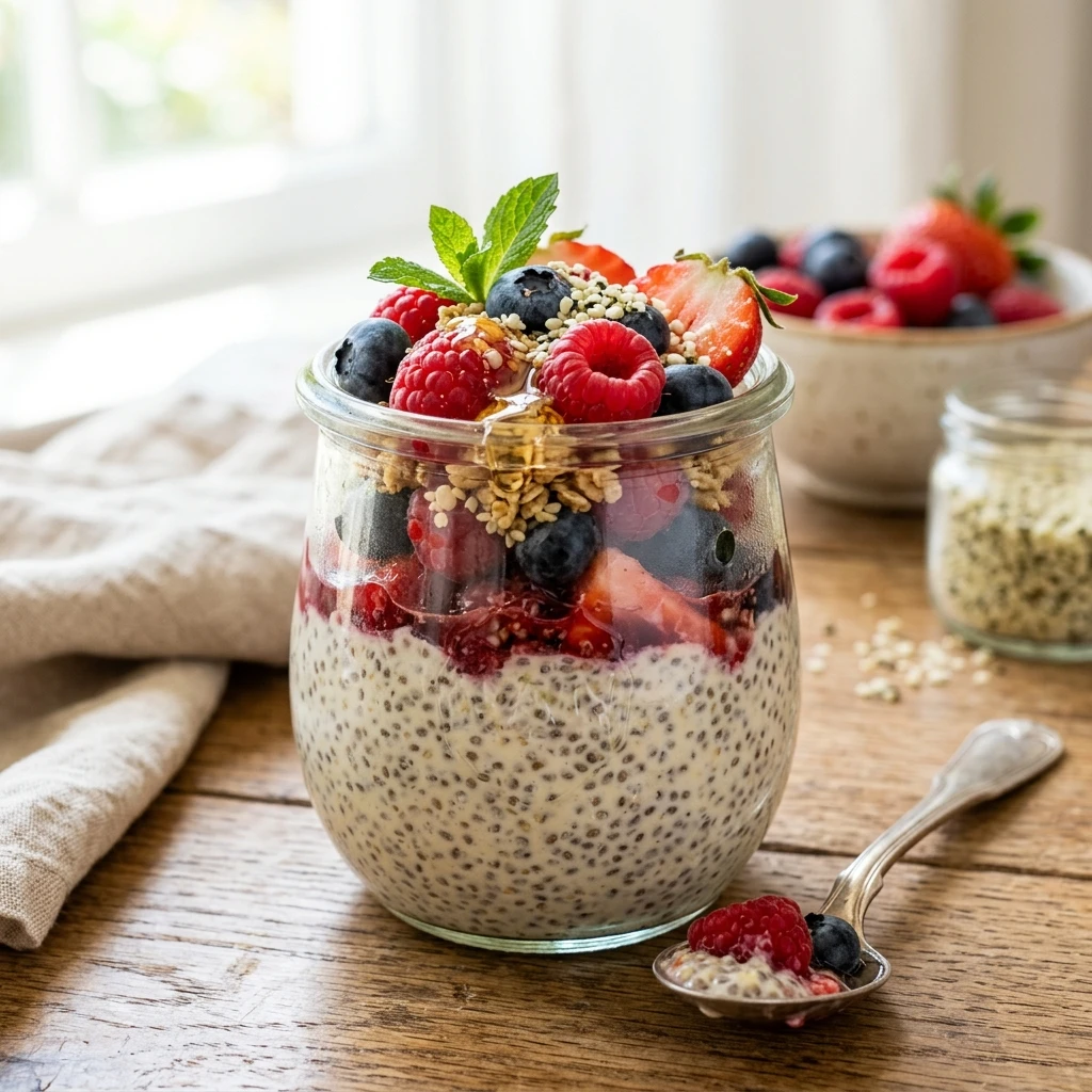 20 Satiating High-Protein High-Fiber Meals for Sustained Energy 5 Overnight Chia & Hemp Seed Protein Parfait - high protein high fiber meals (AI Generated Image)