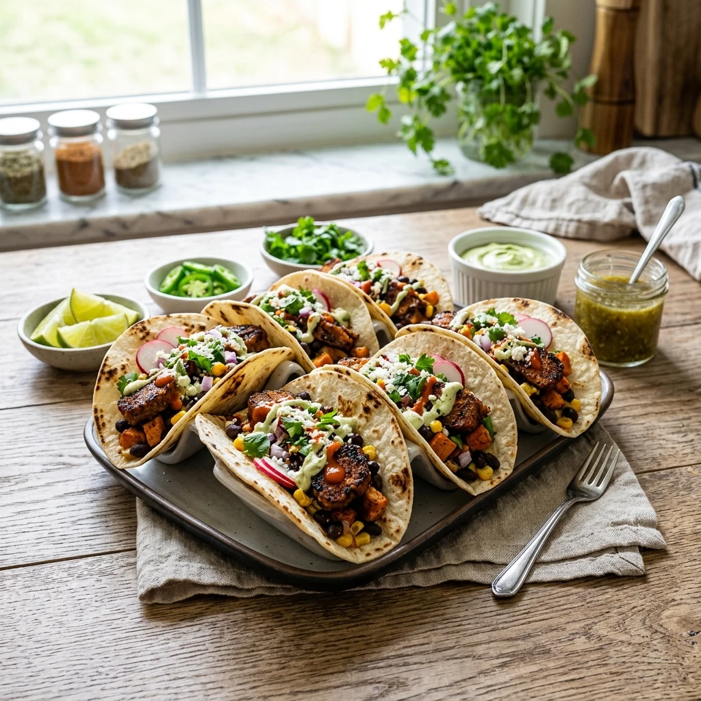 20 Satiating High-Protein High-Fiber Meals for Sustained Energy 6 Smokey Seitan & Black Bean Meal Prep Tacos - high protein high fiber meals (AI Generated Image)