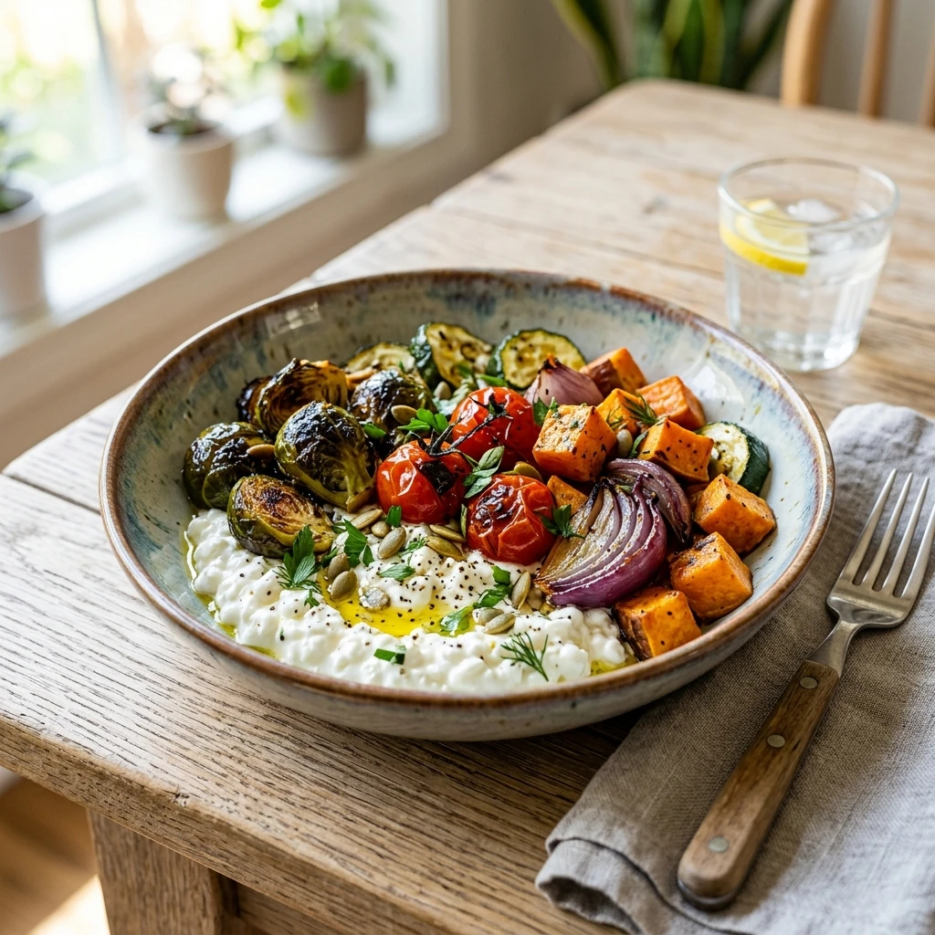 20 Satiating High-Protein High-Fiber Meals for Sustained Energy 7 Savory Cottage Cheese & Roasted Vegetable Bowl - high protein high fiber meals (AI Generated Image)