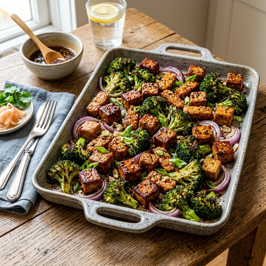 20 Satiating High-Protein High-Fiber Meals for Sustained Energy 8 Sheet Pan Sesame Tofu & Tempeh with Roasted Broccoli - high protein high fiber meals (AI Generated Image)