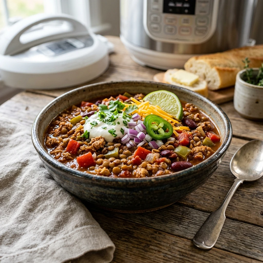 20 Satiating High-Protein High-Fiber Meals for Sustained Energy 9 Instant Pot Turkey & Lentil Chili Bowl - high protein high fiber meals (AI Generated Image)