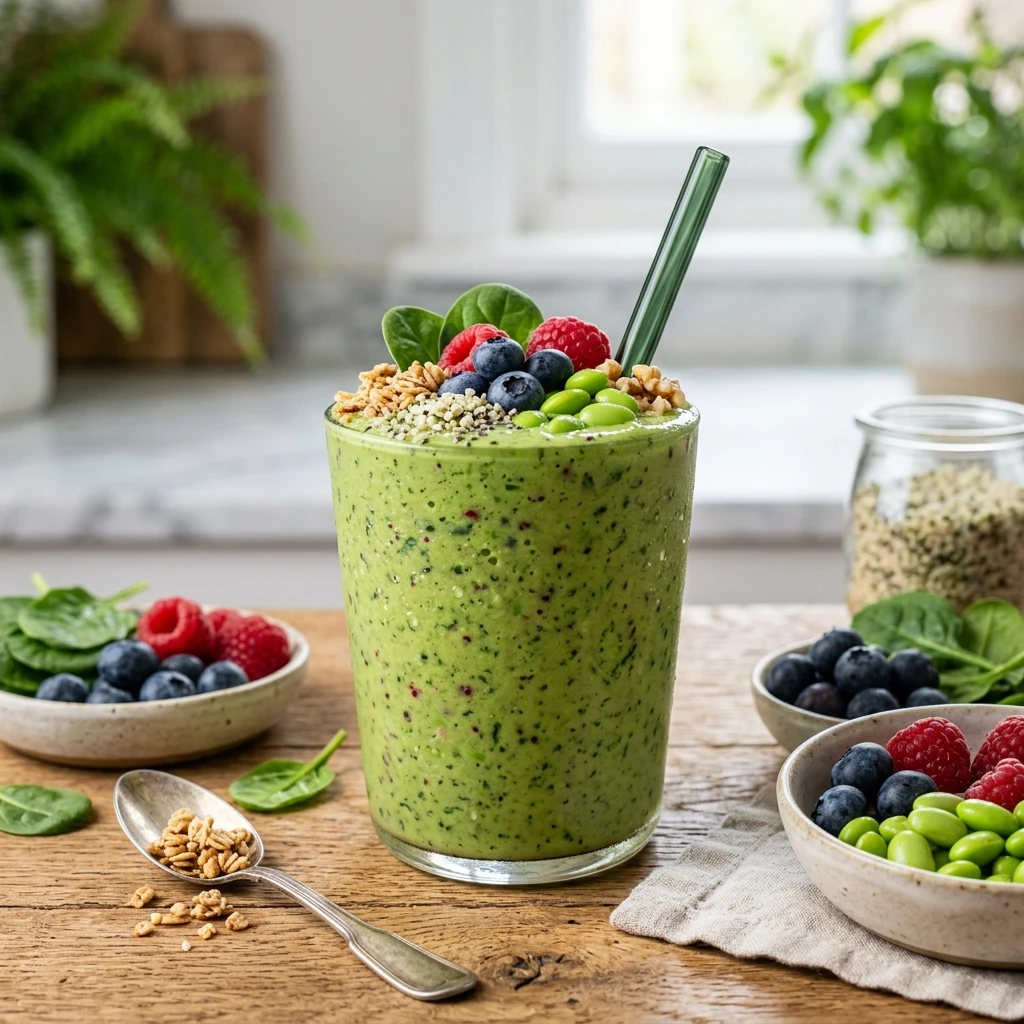 20 Satiating High-Protein High-Fiber Meals for Sustained Energy 10 Green Protein Berry Smoothie with Spinach & Edamame - high protein high fiber meals (AI Generated Image)