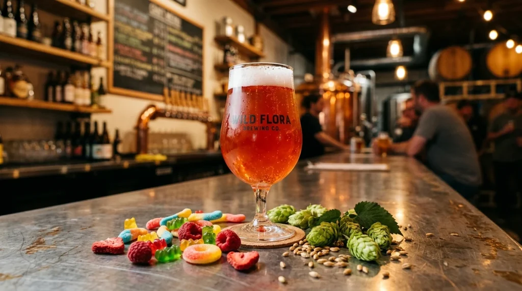 Craft sour beer glass on taproom counter with colorful brewing ingredients and Skittles candies