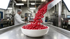 Commercial confectionery production line showing bulk red jelly beans for wholesale distribution