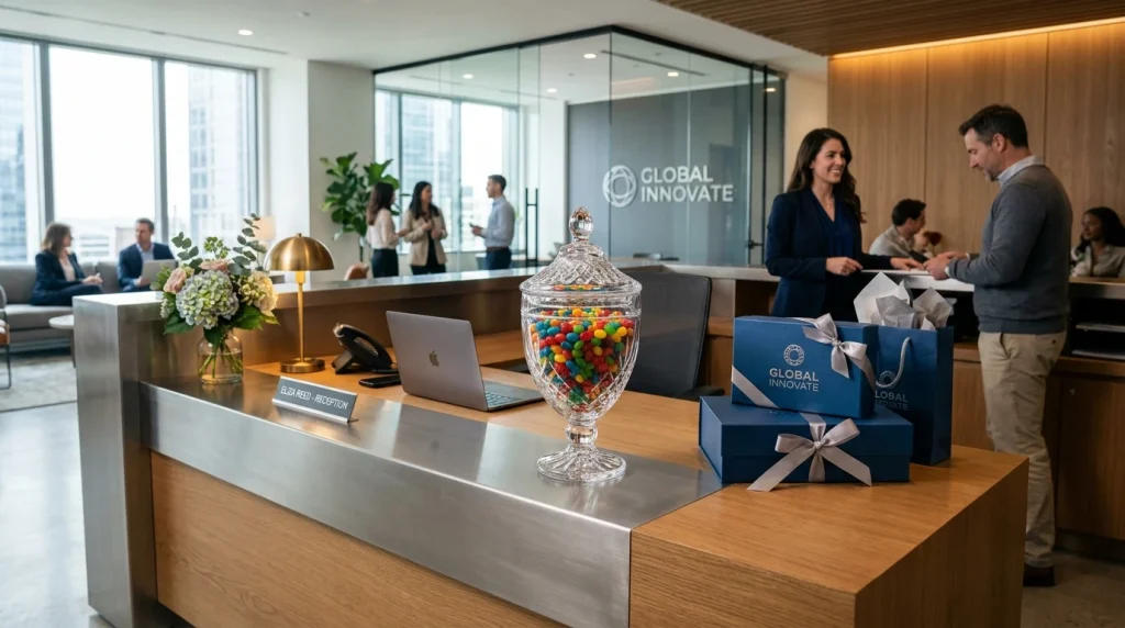 Corporate reception desk with an elegant glass candy dish filled with gourmet red and white promotional jelly beans