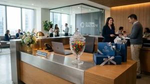 Corporate reception desk with an elegant glass candy dish filled with gourmet red and white promotional jelly beans