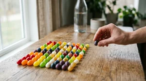 Editorial photorealistic representation of life days represented by colorful gourmet jelly beans