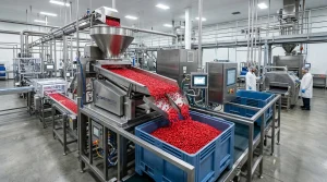 High-tech confectionery production line with automated stainless steel machinery sorting polished red gourmet jelly beans